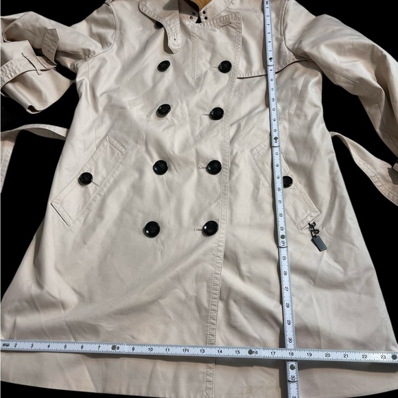 Coach New York F34024 Beige Trench Coat Double Breasted Belted Leather Trim L - Picture 12 of 16